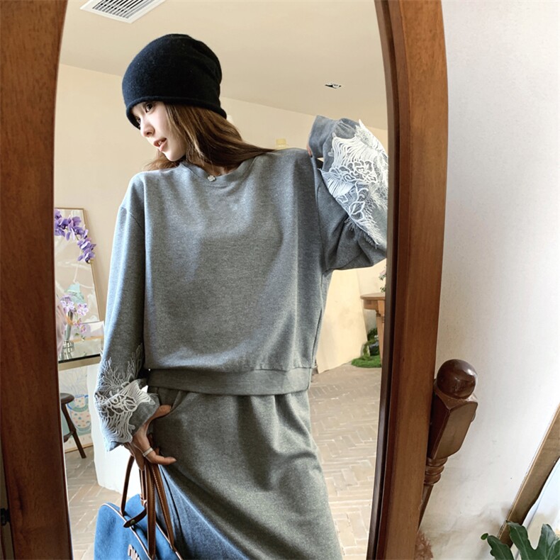 182-8576-P175-K258-H灰色设计感镶边卫衣半身裙套装，女装套装/套裙，帛香坊