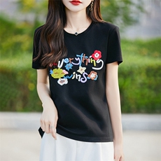 花朵绣片粉色丝光纯棉正肩短袖t恤女2023新款夏季圆领宽松显瘦，女装T恤，暖烁羊绒