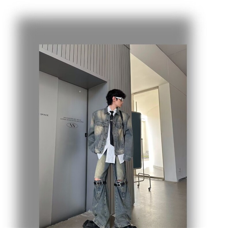 美式复古黄泥色牛仔外套情侣款高街垫肩工装褂子男设计感春秋夹克,男装工装外套,星座1210-1