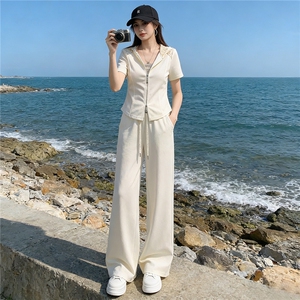 女夏季高级感休闲运动套装蕾丝连帽拉链开衫短袖卫衣阔腿裤两件套图片