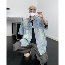 小众复古垫肩牛仔短袖衬衫杠条设计感水洗衬衣男，男装衬衫，星座410-7