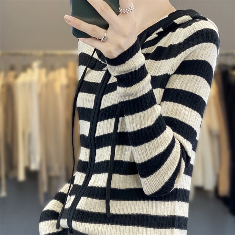 复古横条纹针织衫长袖连帽拉链叠穿羊毛打底外穿慵懒风外套女,针织衫/毛衣,雪真羊绒