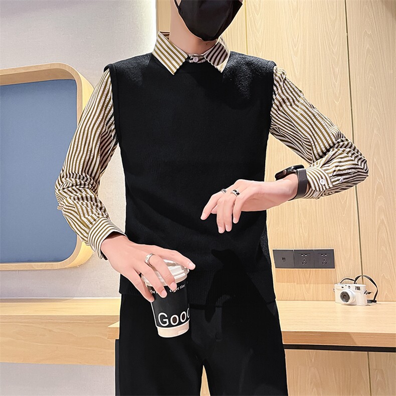 24秋冬新款男士条纹衬衫毛衣假二件男冬季打底衫301A-1/M81/P75,男装T恤,星座301A-1