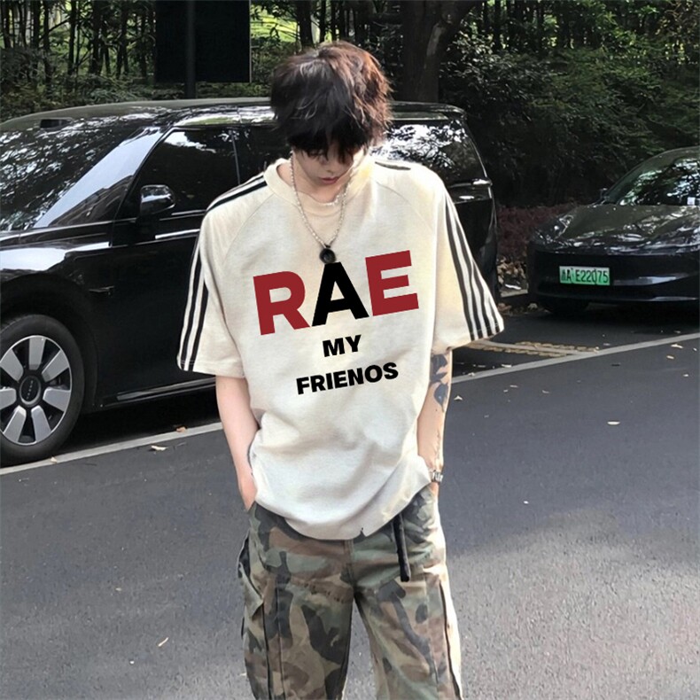 抖音得物高品质二开240克宽松纯棉美式潮牌三条杠织带短袖T恤，男装T恤，电商A486