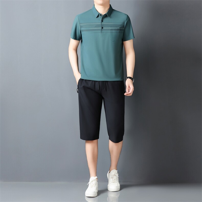 夏季男士短袖短裤套装POLO衫凉感透气翻领简约爸爸休闲冰丝套装,男装牛仔裤,钱塘6003（原4033）
