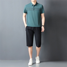 夏季男士短袖短裤套装POLO衫凉感透气翻领简约爸爸休闲冰丝套装，男装牛仔裤，钱塘6003（原4033）