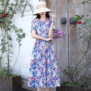 2021年夏季欣贝拉新款印花小碎花中长款棉麻连衣裙图片
