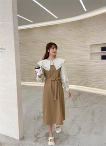 韩式双层娃娃领假两件连衣裙图片