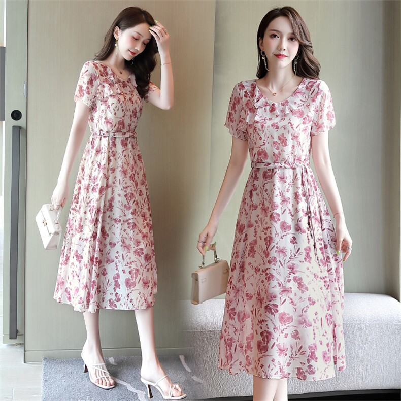 2025夏季现货时尚优雅气质荷叶花边V领收腰显瘦修身连衣裙，女装连衣裙，臻衣坊