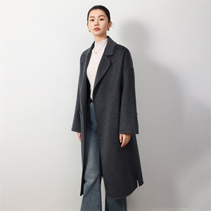 时尚百搭黑色羊毛双面呢大衣 显瘦修身长款外套 优雅气质女装图片