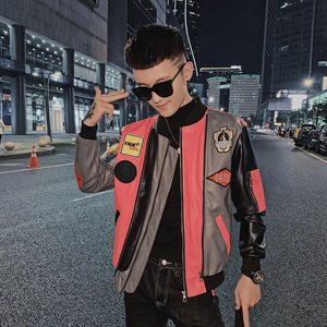 痞帅潮流彩条拼接社会小伙韩版机车水洗皮衣夹克 D1116-P125控155图片