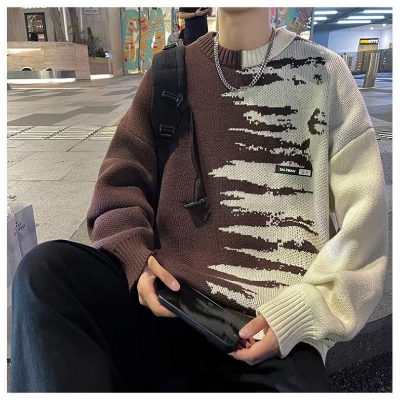毛衣男秋冬拼接撞色针织衫日系复古宽松慵懒休闲外套MY7022-P45,男装针织衫/毛衣,星座308B-1