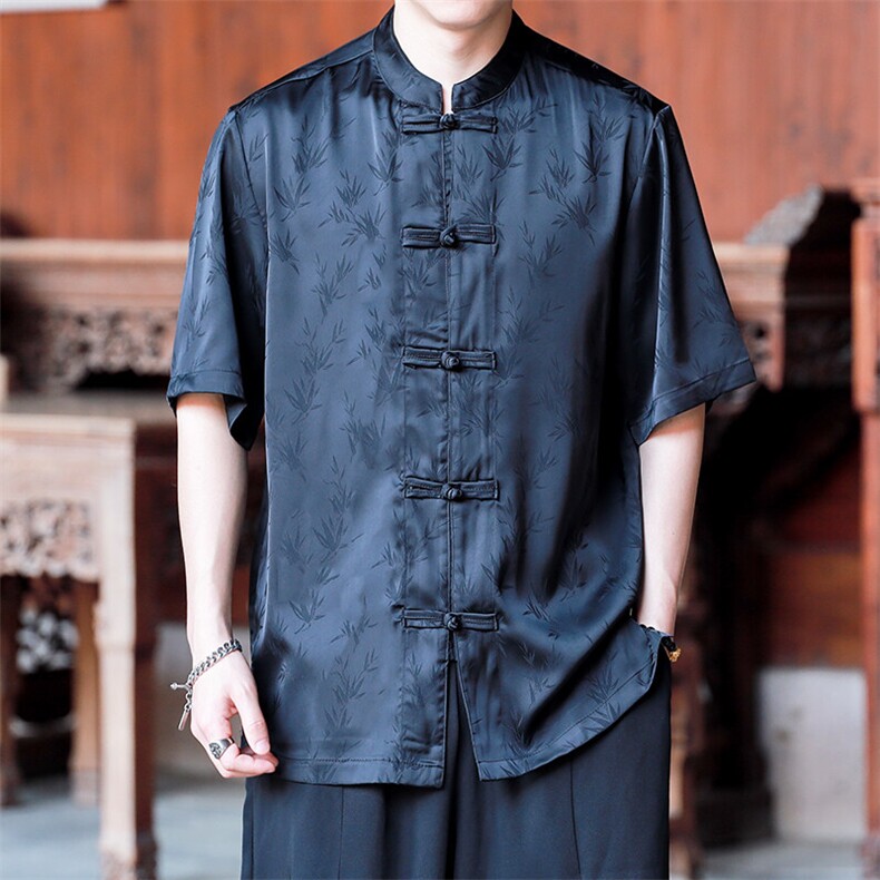 新中式现货男士竹叶缎面立领盘扣短袖衬衫情侣CS9898-P65控89图片