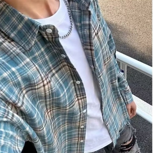撞色格子衬衫男款夏天薄款cleanfit美式复古短袖外套高级感衬衣