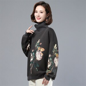 春装女装2022年款潮韩版时尚印花高领卫衣女宽松显瘦长袖上衣图片