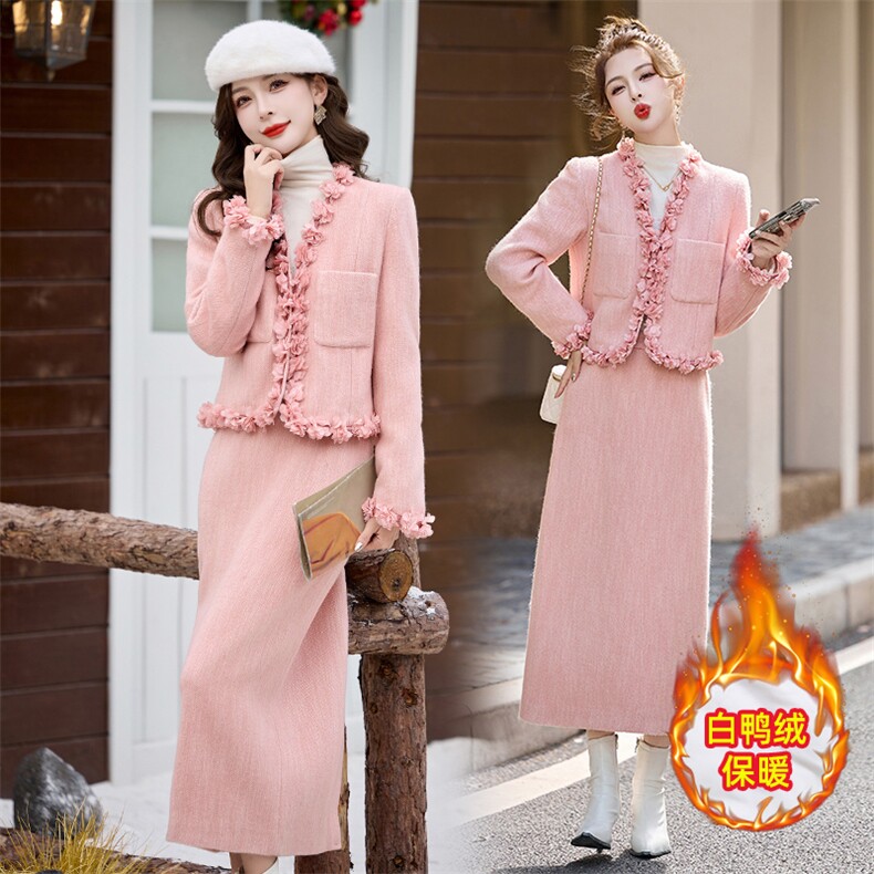 主推新款现货冬小香白鸭绒羽绒气质保暖冬装甜美街头风两件套，女装套装/套裙，丽美静依