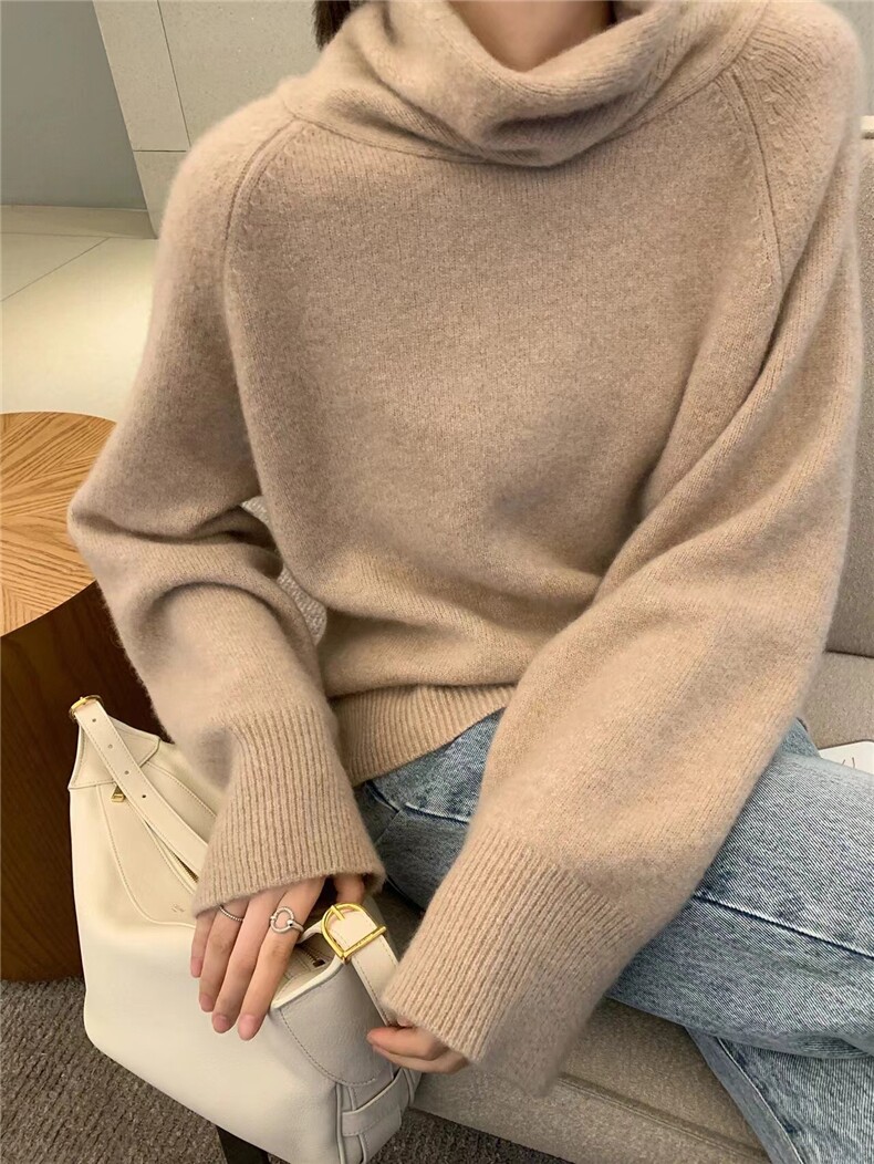 高级感气质灰色堆堆领毛衣女冬季复古高领套头宽松针织上衣,针织衫/毛衣,半城羊绒
