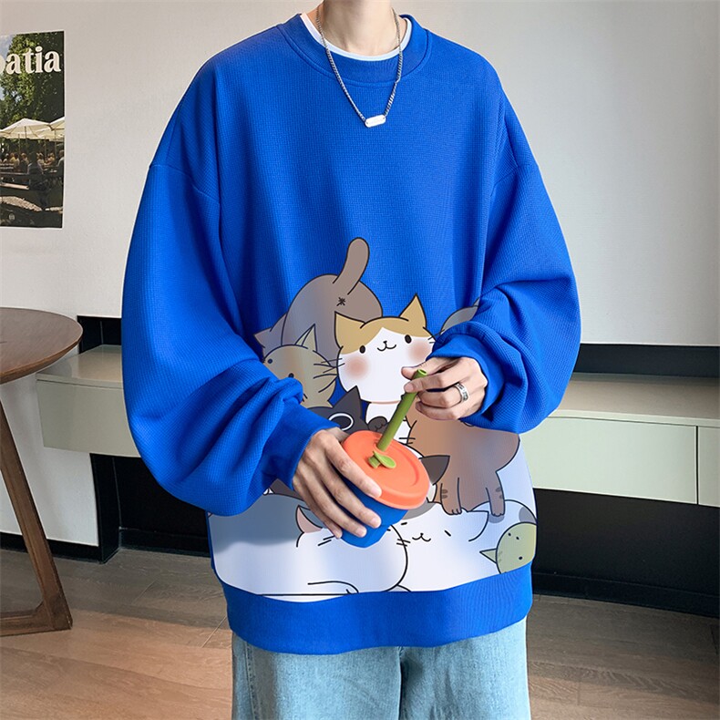 华夫格卫衣圆领卫衣男大码长袖t恤男外套HW76162-P30加绒款-P40,男装卫衣,电商A040