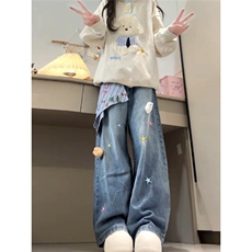 简约牛仔裤男女趣味小羊刺绣美式复古直筒裤子显瘦阔腿长裤新款，男装牛仔裤，星座601-1
