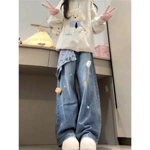 简约牛仔裤男女趣味小羊刺绣美式复古直筒裤子显瘦阔腿长裤新款图片