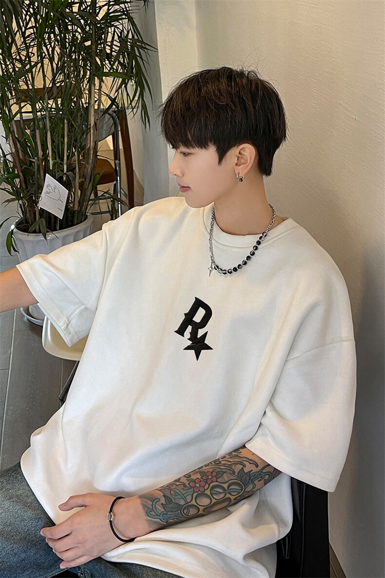 WASSUPHAPPY重磅麂皮绒r星t恤男夏季美式潮牌短袖高街五分袖衣服,男装T恤,电商B371