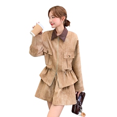 咖色翻领外套短裤两件套女2025年秋季新款时尚小个子巨好看套装裙，女装套装/套裙，2C219