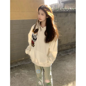 原创美式刺绣植绒徽章加绒连帽卫衣男女宽松加厚高街上衣 W1040图片