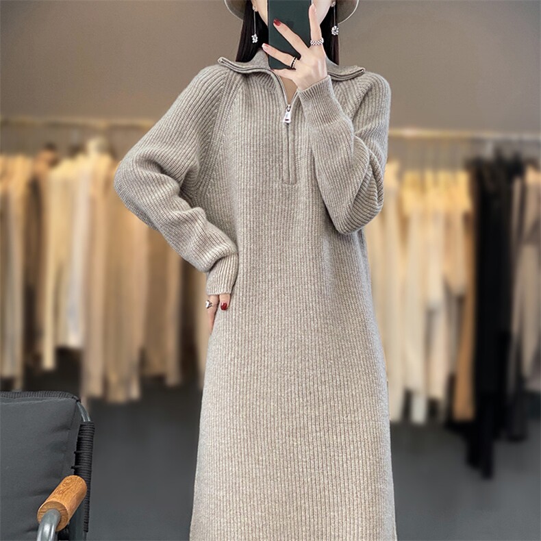 女士羊毛衫女秋冬季保暖针织POLO领羊毛裙,女装连衣裙,暖思雅