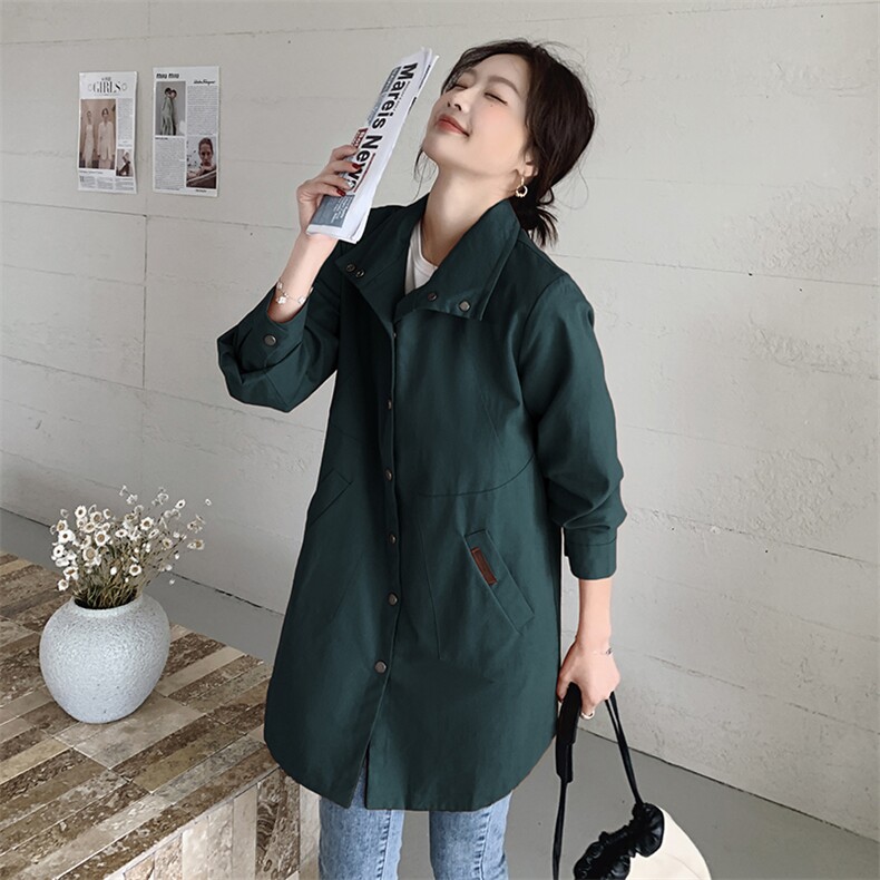 2025年秋季宽松型常规日韩休闲中长款长袖立领单排扣纯棉风衣外套，女装风衣，秋牧寒烟