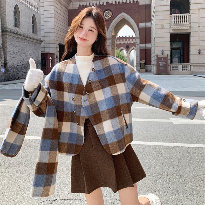 格纹双面羊毛绒大衣女短款2024秋冬韩系美拉蓝穿搭围巾羊毛呢外套,女装双面呢大衣,韩蜜菓