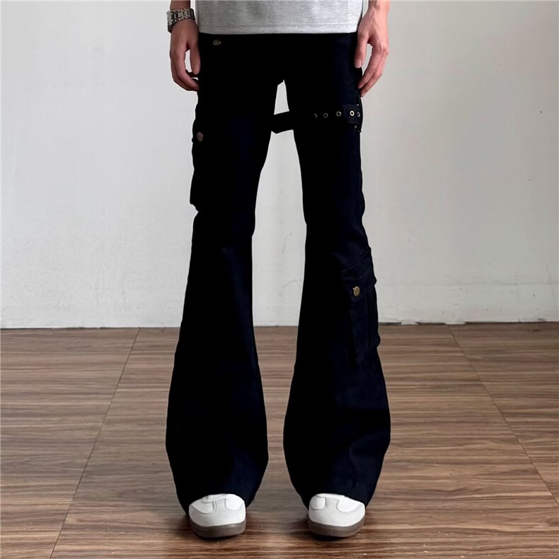 皮带拼绑带设计感水洗黑色微喇长裤修身显高休闲裤K7113-P52网图，男装休闲裤，电商B245