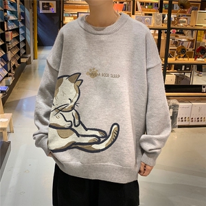 1港风圆领套头中性潮流大码M-5XL印花针织毛衣男7783P55加绒P70图片