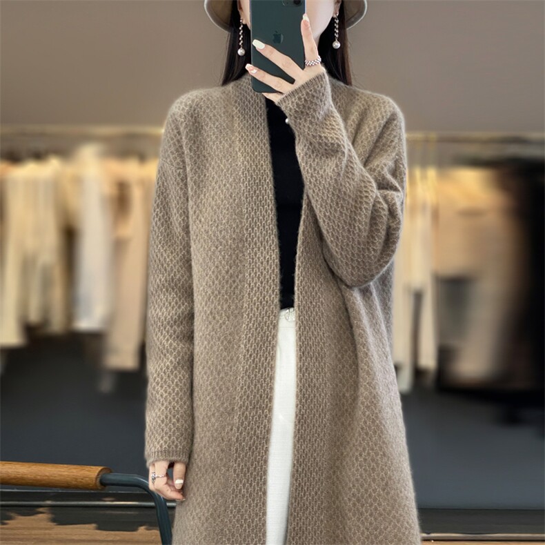 秋冬新款羊毛开衫女V领纯色宽松百搭长袖羊绒针织毛衣外套,女装羊毛衫,暖娇绒