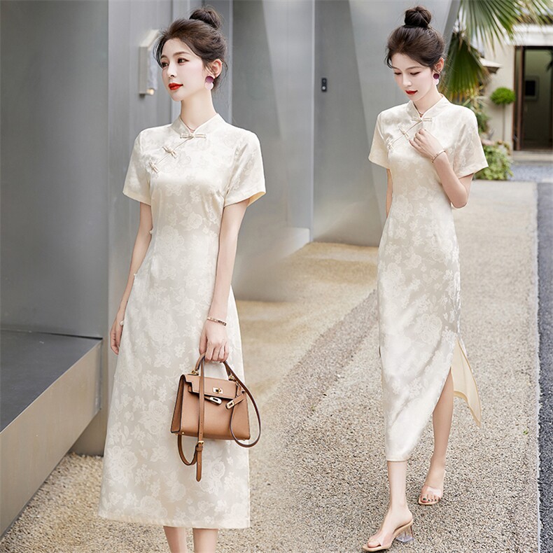 中式盘扣旗袍短袖连衣裙女2025夏季新款气质优雅长裙，女装连衣裙，关键词