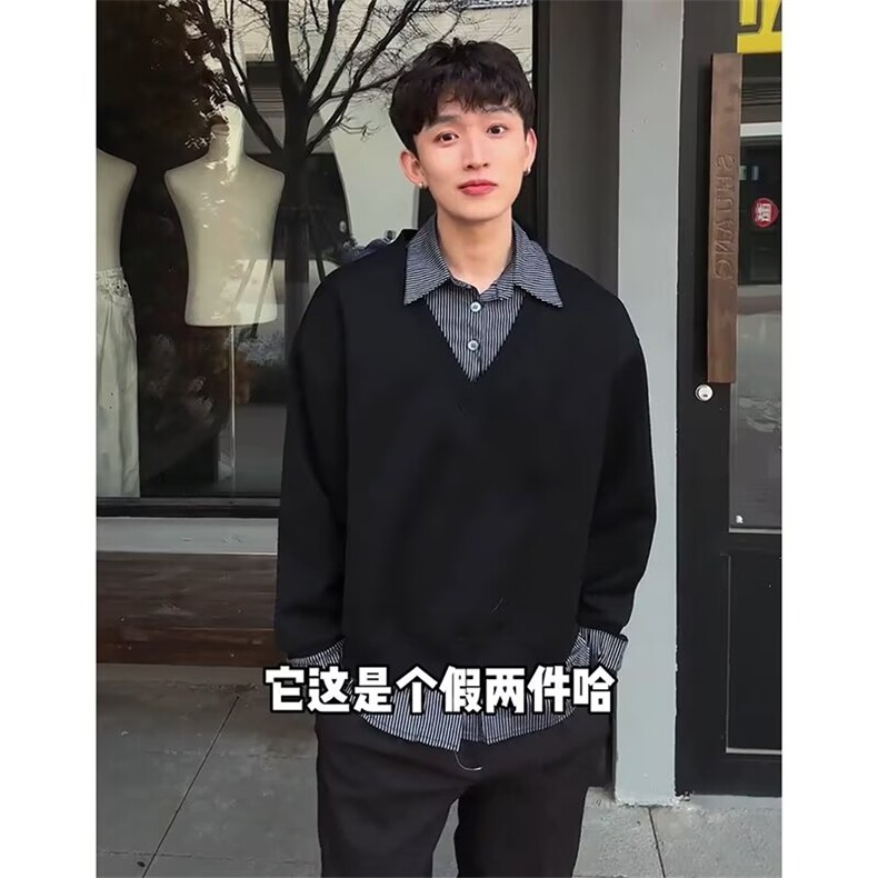 8198-P46春秋美式潮牌假两件衬衫领卫衣男女重磅宽松休闲百搭，男装衬衫，电商B323A