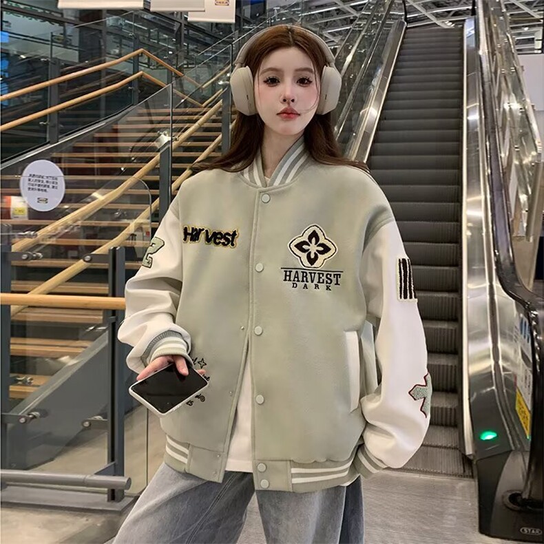 新款百搭慵懒原宿气质ins文艺潮流植绒刺绣棒球服夹克W6632-P65图片