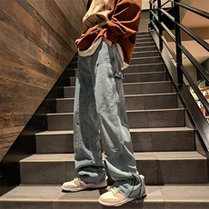 小众设计感拉链开叉牛仔裤男美式复古宽松直筒高街裤子NH32-p50，男装牛仔裤，星座1008