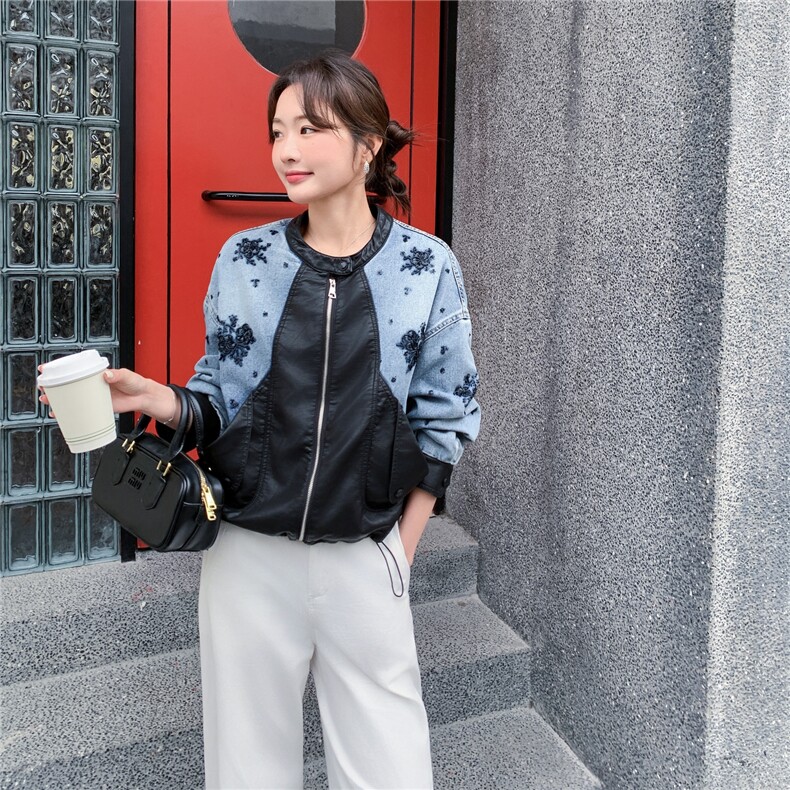 【大货】牛仔刺绣拼皮短外套2C057-918-P175-K288,女装短外套,2C057