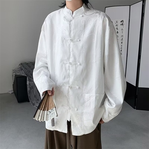 新中式龙纹盘扣风唐装白色衬衫外套衬衣短袖上衣男女~CS206图片