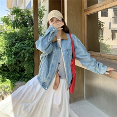浅蓝色复古小个子牛仔外套女2025秋季减龄流行设计感宽松夹克上衣，女装短外套，2C053