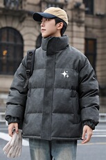 港风冬季新款棉衣男印花宽松PU皮立领面包服大码外套男MY625-P128，男装棉衣，星座505-3