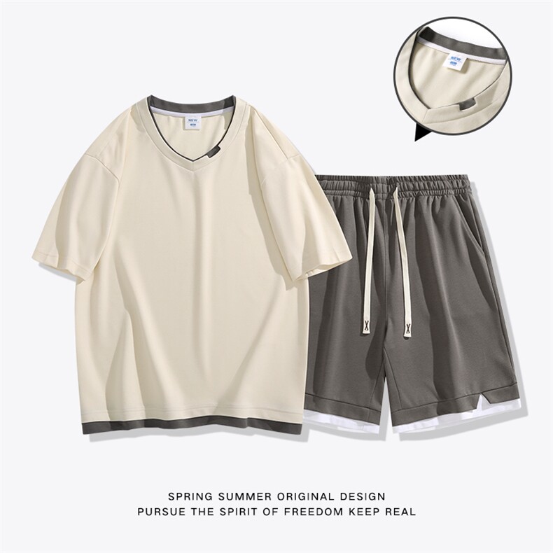 夏季运动套装日系白底休闲百搭时尚短套装CK2410+TC3138-P59控89,男装休闲套装,星座717