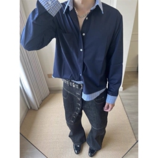 现货自制蓝色格子拼接翻领长袖情侣款男女假两件衬衫CX03-p45，男装衬衫，星座910A