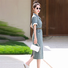 2024夏季新款韩版拼接中长款水洗牛仔连衣裙，女装连衣裙，超帛