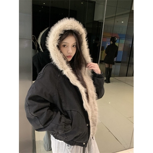 A462-P128 美式座山雕毛领加绒加厚棉服夹克冬季cleanfit工装外套图片