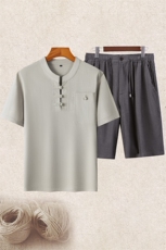 长期货夏装男士风亚麻短袖套装中老年爸爸装亚麻盘扣套装，男装T恤，钱塘723