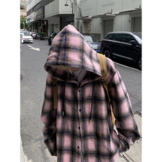 美式格子连帽衬衫男秋季校园风撞色拼接长袖衬衣复古小众简约外套，男装衬衫，电商D232