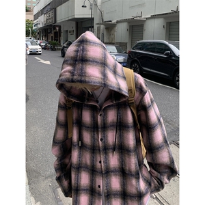 美式格子连帽衬衫男秋季校园风撞色拼接长袖衬衣复古小众简约外套图片