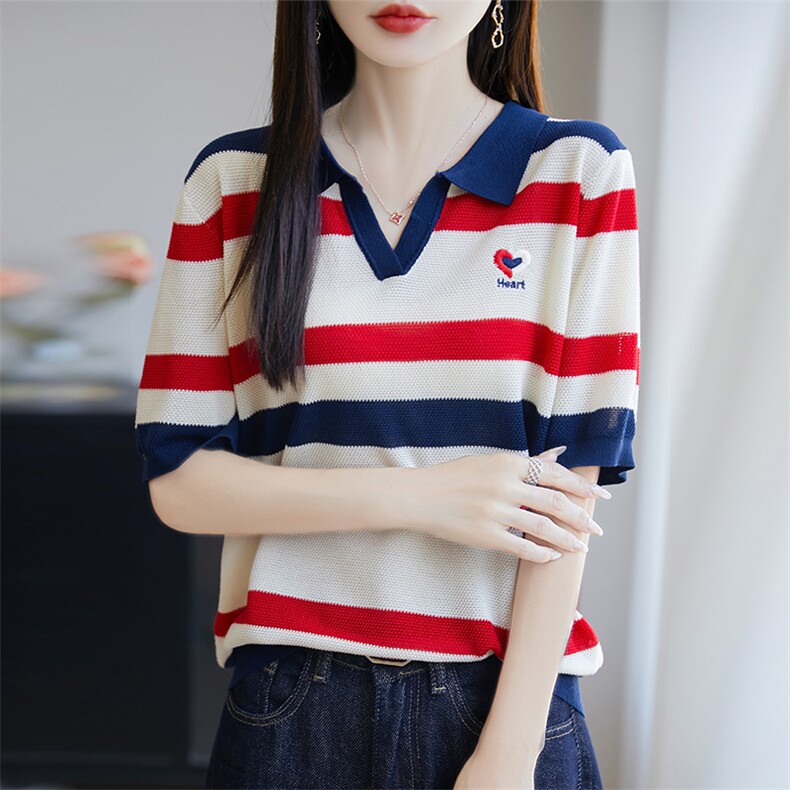 莱赛尔天丝针织衫女夏季新款韩版冰丝短袖T恤薄翻领洋气减龄条纹,针织衫/毛衣,唐诺