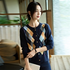 法式100%纯羊毛针织开衫女2025秋冬新菱形格百搭毛衣小外套上衣，女装羊毛衫，暖烁羊绒